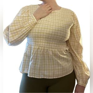 Universal Thread | Yellow/White Windowpane Plaid Smocked Peasant Top Large NWT